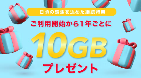 【y.u mobile】【継続特典】1年ごとに「10GB」プレゼント！